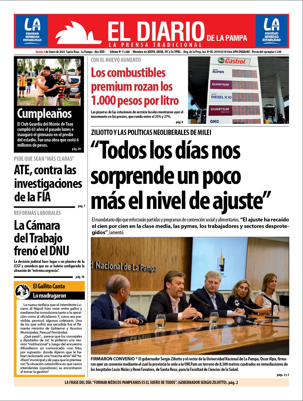 Tapa de El Diario en papel  jueves 04 de enero de 2024